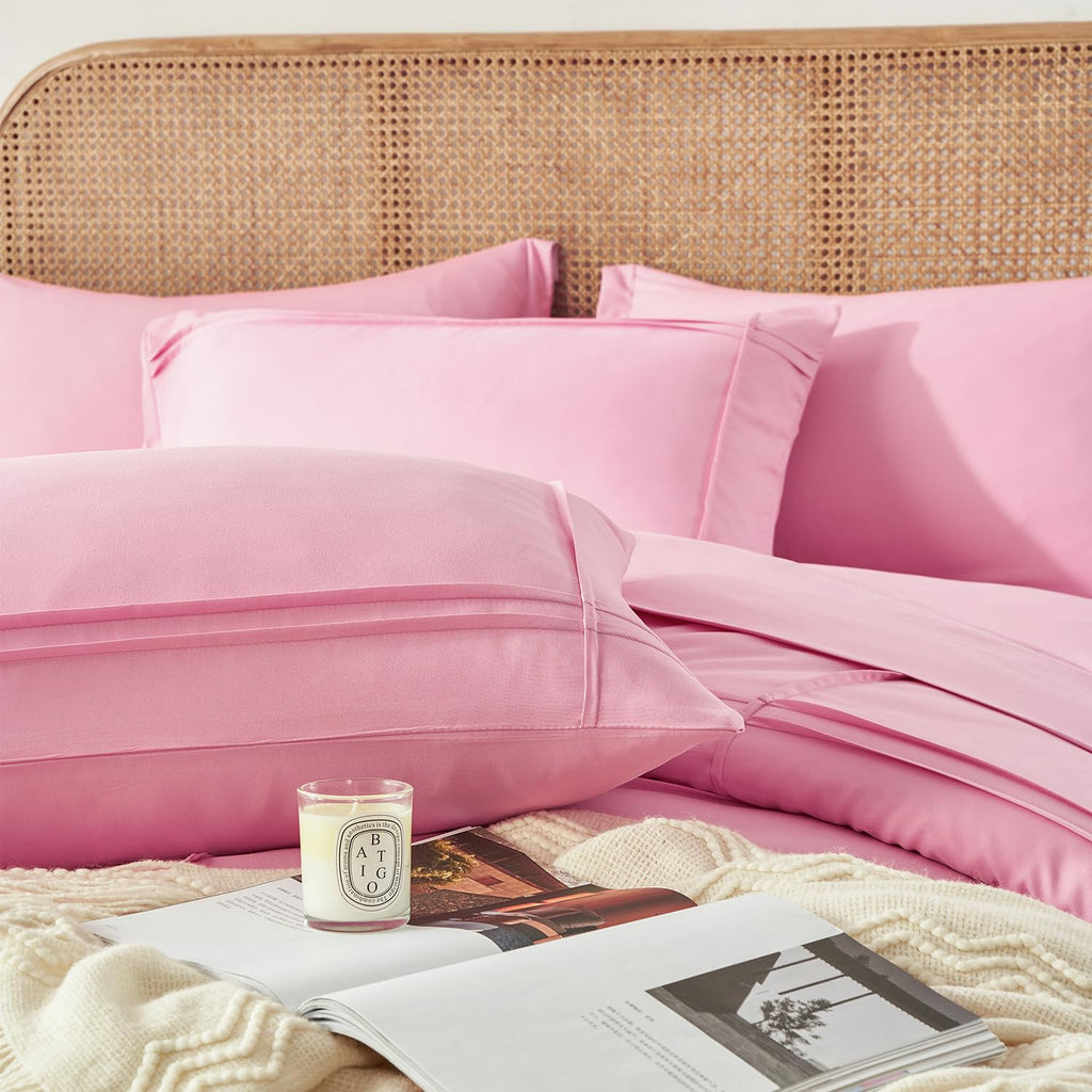 Yogeneg Pink Comforter Set Twin Size 5 Piece Bed in a Bag,Grid Pinch Pleat Twin Bedding Set,Striped Textured Soft Microfiber Comforter with Sheet Set,All Season Complete Bed Set(Pink,Twin)