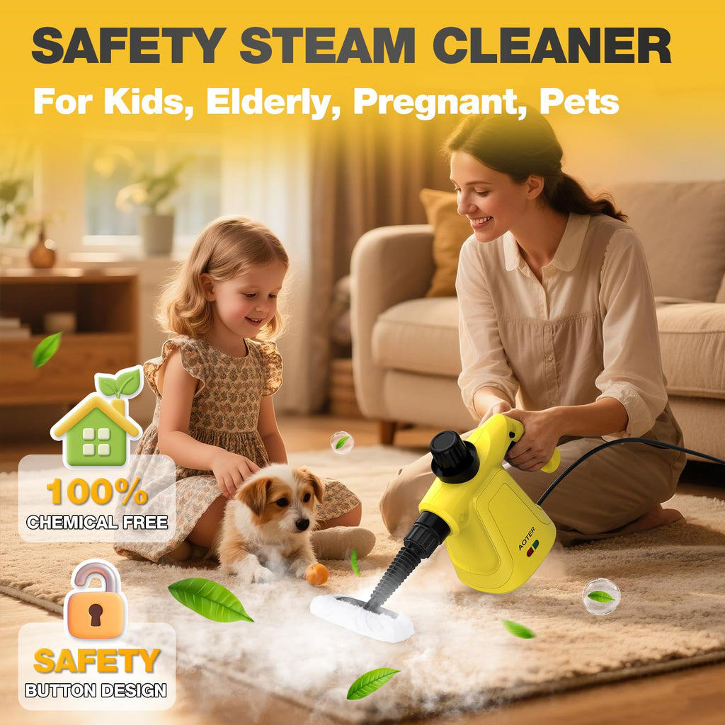 AOTER Pressurized Handheld Steam Cleaner, Portable Multi-Surface Cleaner for Home, Multipurpose Steam Cleaner for Tile, Grout, Windows, Bathroom, with 12pcs Accessories (Yellow)