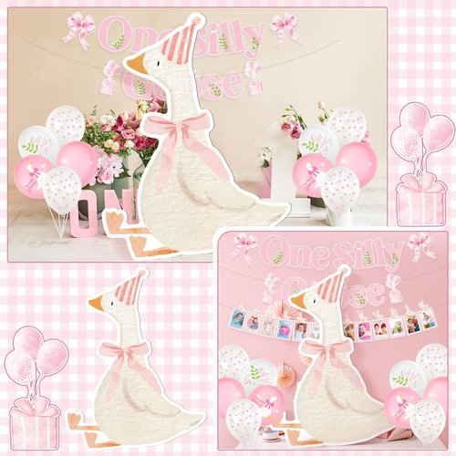 Croblissful One Silly Goose Party Decorations 1st Birthday Backdrop Duck Animal Background Prop for Birthday Baby Shower Party Supplies (Pink,Goose)