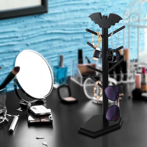 RSSCIIIUL Bat Mug Holder Tree - 8 Hooks Rack for Gothic Home Decor - Wood Mug Tree for Countertop - Cup Holder for Halloween Kitchen Organizer & Coffee Bar Accessories