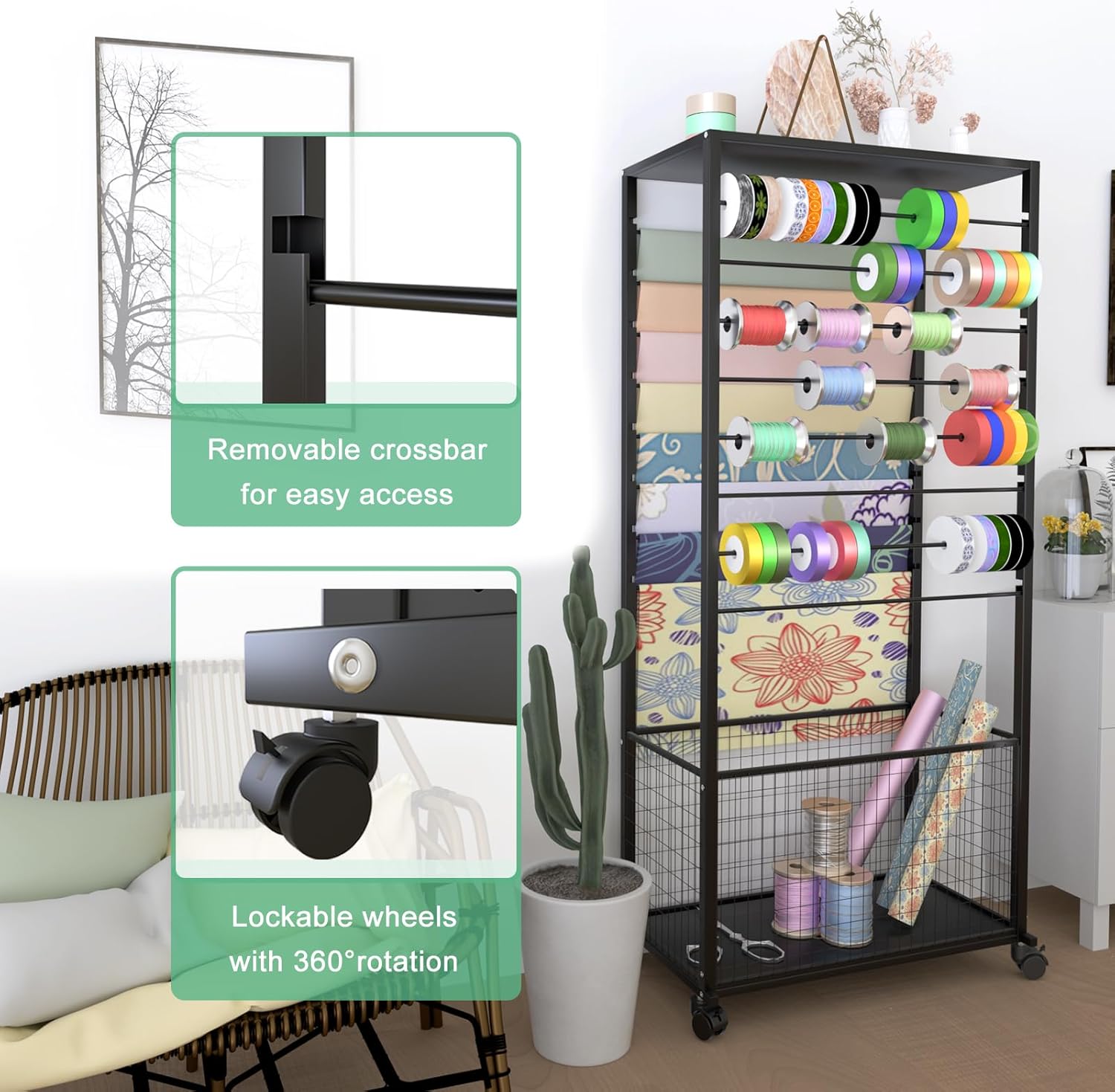Skiennix 16-Tier Ribbon Organizer Rack - Double-Sided Storage Holder with Wheels for Craft Room