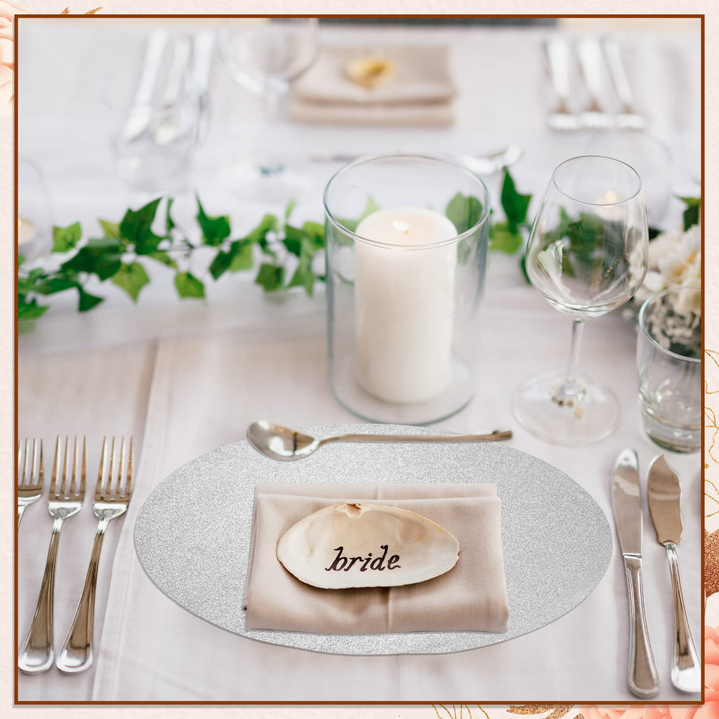 Pasimy 200 Pcs Silver Glitter Paper Place Mats 15 Inch Sparkle Round Disposable Table Mats Silver Sequin Doilies Decorative Placemats for Wedding Banquet Party Home Dining Tableware
