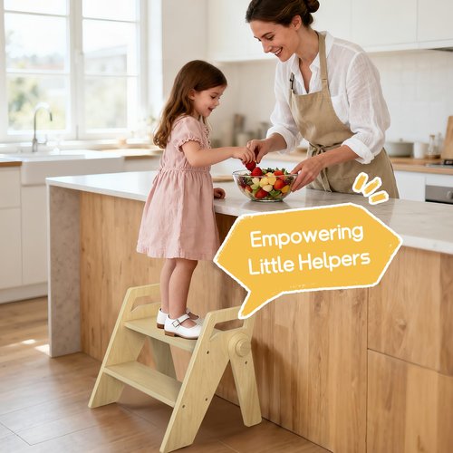 HOMEKOL Toddler Kids Step Stool: Wooden 2 Step Stool for Bathroom Sink Kitchen, Foldable with Side Handles, 300 lbs Capacity, Non-Slip A-Frame, Natural Wood Color