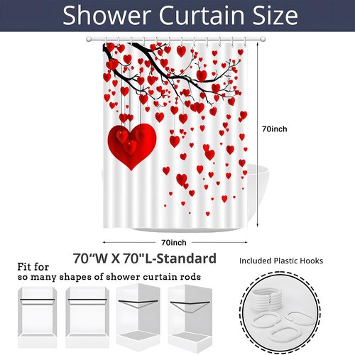 Red Love Heart Shower Curtain TreeFallen Heart Sweet Love Romantic Couple Woman Girl Valentine's Day for Bathroom Polyester Curtains Set with Hooks 70x70 Inch