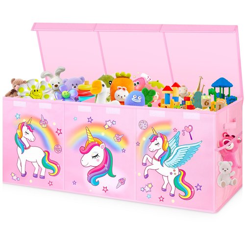 Mabahoo Extra Large Toy Chest, Collapsible Sturdy Toy Storage Organizer with Lids, 40"X14"X16" Large Kids Toybox Storage Bins Baskets for Girls, Boys, Nursery, Playroom, Pink