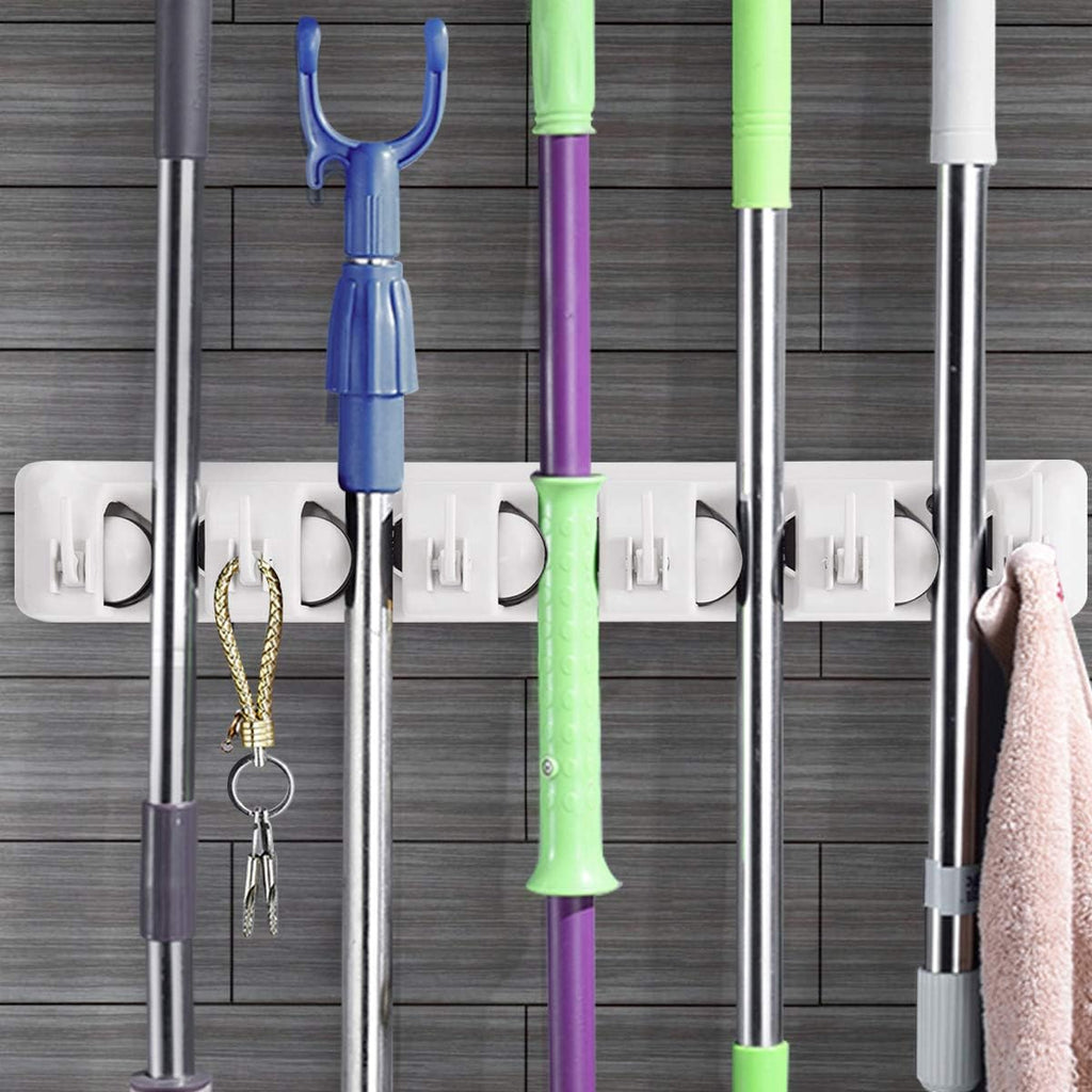 Tangkula Wall Mount Broom Holder - 5 Slot Organizer with 6 Hooks for Home, Kitchen & Garage (White)