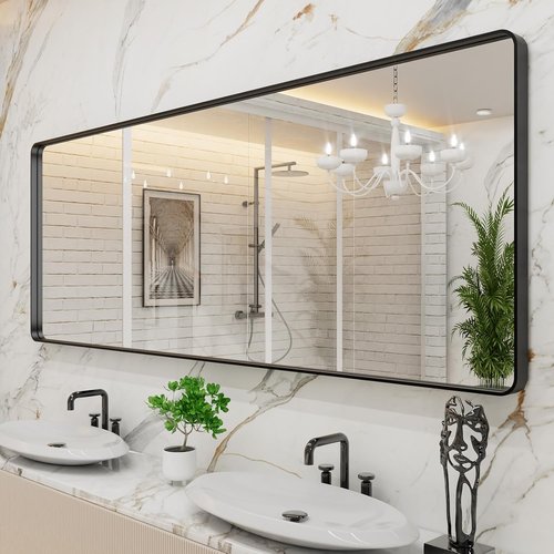 LOAAO Black Metal Framed Bathroom Mirror - Large 84x32 Inch Rounded Rectangle, Anti-Rust Tempered Glass, Versatile Hang Options
