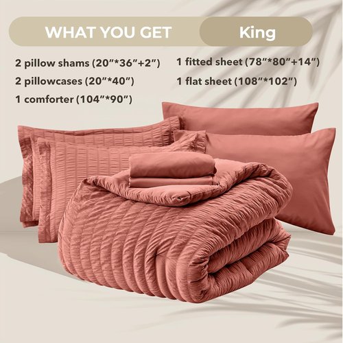 HYMOKEGE King Size Comforter Set - Luxury Seersucker 7-Piece Bedding Set for All Seasons | Includes Comforter, Sheets & Pillowcases