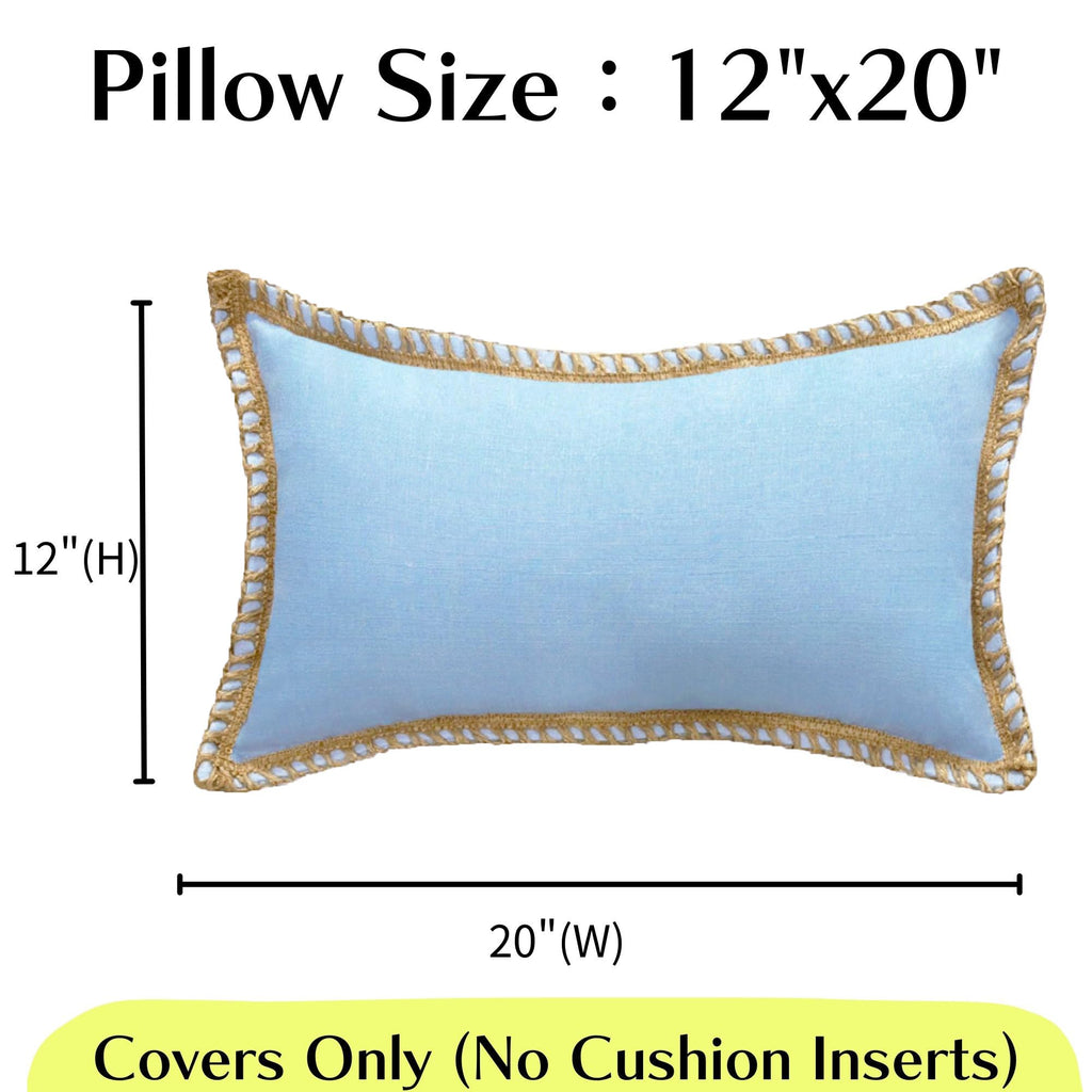 HER HWA Outdoor Lumbar Pillow Covers ONLY Linen Border, 20x12 Inches, Pack of 2 – Water-Resistant, Smooth Zipper, Durable Polyester for Outdoor/Indoor Decor, Machine Washable (Light Blue)