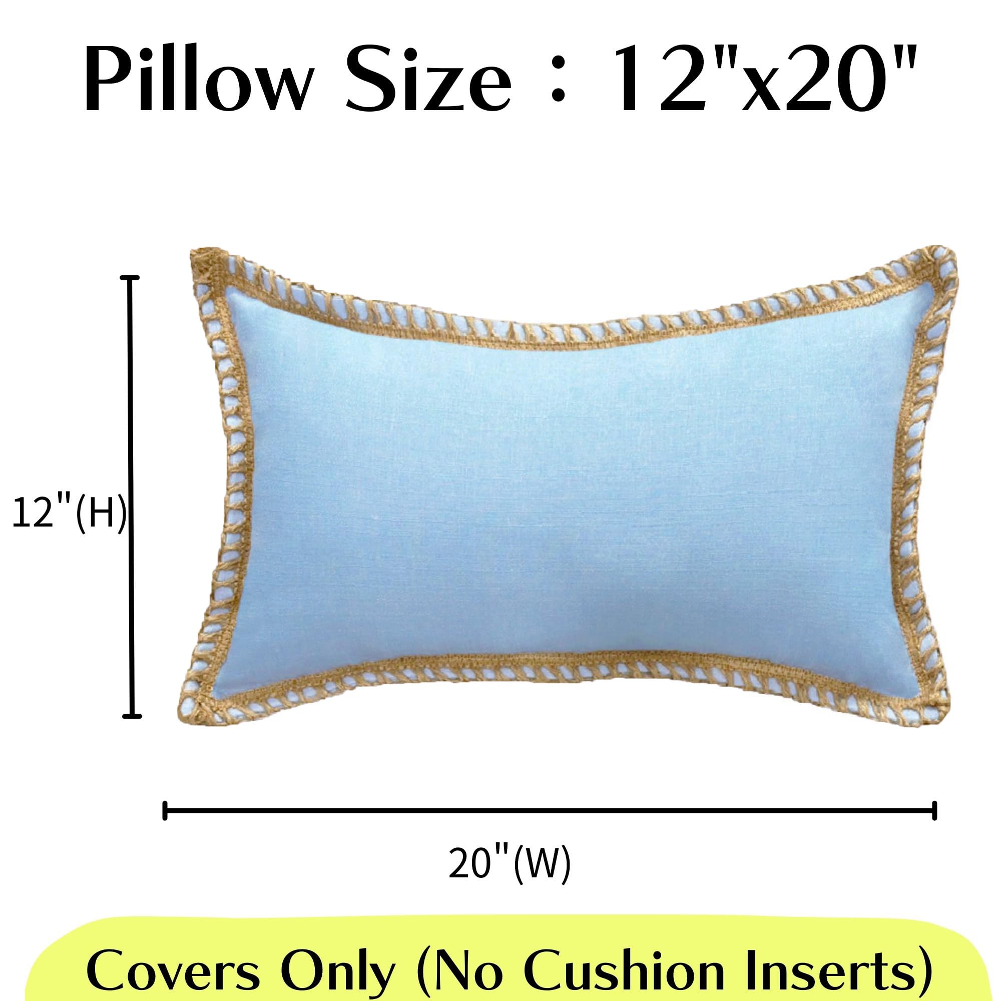 HER HWA Outdoor Lumbar Pillow Covers ONLY Linen Border, 20x12 Inches, Pack of 2 – Water-Resistant, Smooth Zipper, Durable Polyester for Outdoor/Indoor Decor, Machine Washable (Light Blue)