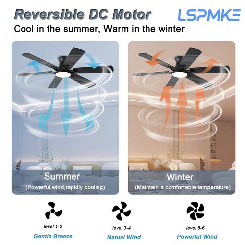 lspmke Ceiling Fans with Lights, 52 Inch Low Profile Ceiling Fan with Light and Remote, Flush Mount, Quiet, Reversible, 3CCT, Dimmable, Black RGB Ceiling Fan for Bedroom, Living Room, Indoor/Outdoor
