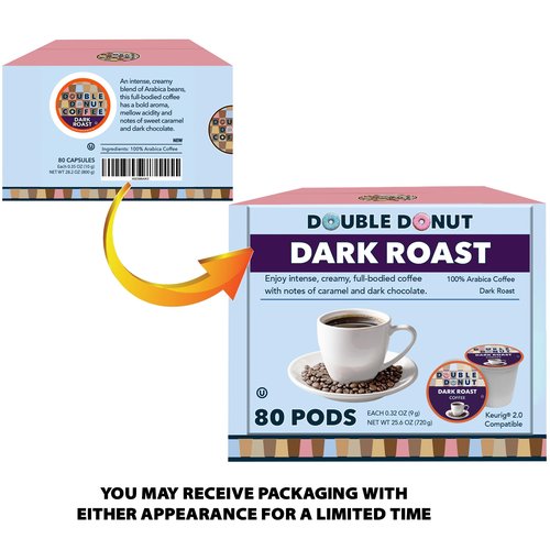 Double Donut Coffee Dark Roast Coffee Pods, Extra Bold Blend Coffee, Single Serve Coffee For Keurig K Cups Machines, Dark Roast Coffee in Recyclable Pods, 80 Count