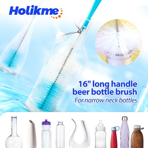 Holikme Bottle Brush Tube Cleaning Lab Set with Long Handle, Cup Cleaner for Washing Narrow Neck Beer Wine Decanter Pipes Lids Sinks Cap Covers, White