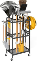Hadulcet Garden Tool Organizer - Heavy-Duty Metal Rack with Lockable Wheels & Storage Hooks | Black