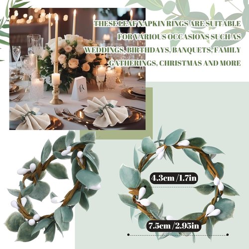 Domensi Eucalyptus Leaf Napkin Rings - Set of 6 Rustic Greenery Holders for Weddings & Dining (White Berries)