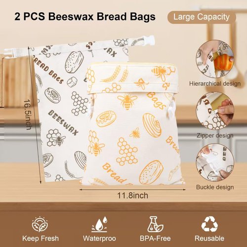 Reusable Beeswax Bread Bags for Homemade Bread with Zipper,Cotton Sourdough Bread Storage Bags,Airtight Freshness Keeper Bakery Essentials (2 Packs)
