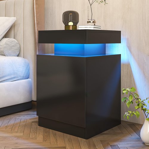 OneBlis Nightstands Set 2, 15 Inches LED Night Stand Set of 2, Modern Bedside Table with LED Lights, High Gloss Surface, End Table with Storage for Bedroom, Black