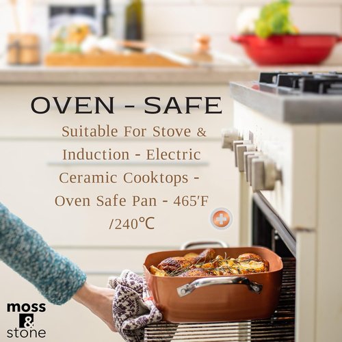 Moss & Stone Copper Chef Cookware Set - 5 Pcs Non-Stick Deep Frying Pan & Accessories | 5 Qt Induction Safe