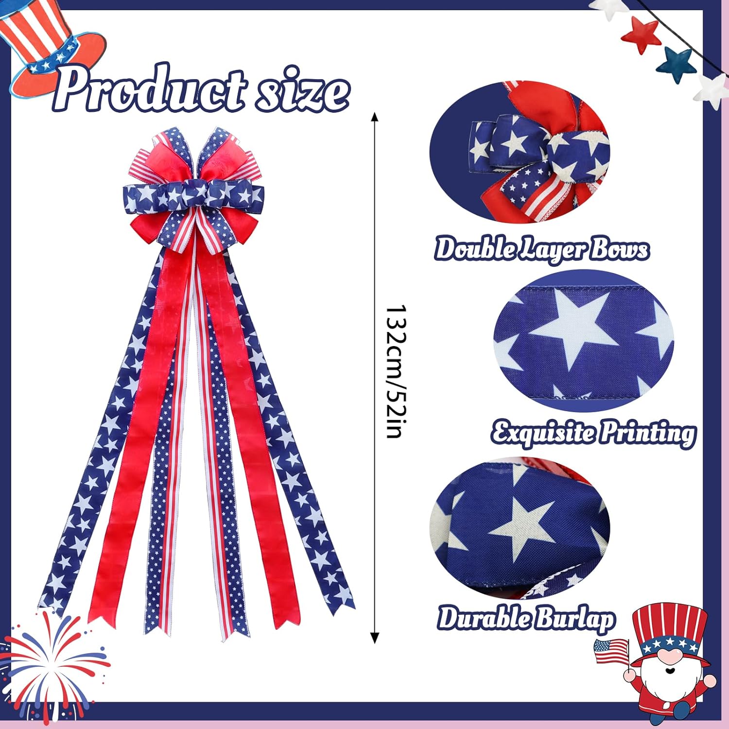 Patriotic 4th of July Tree Topper Bow by [Brand Name] - Large 52x13 Inch Pre-Tied Ribbon for Wreaths & Decor | Red, Blue, White