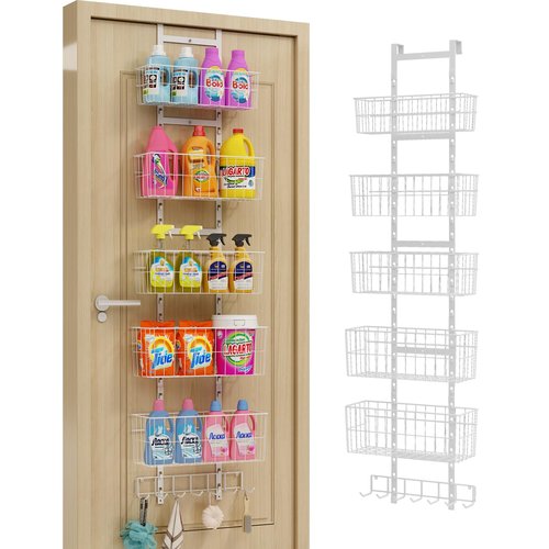 Hongtamoya Adjustable Over The Door Organizer, Metal Hanging Door Organizer with 5 Wire Basket 7 Hooks, Wall Mounted Shelf for Pantry Closet Organization and Storage, White