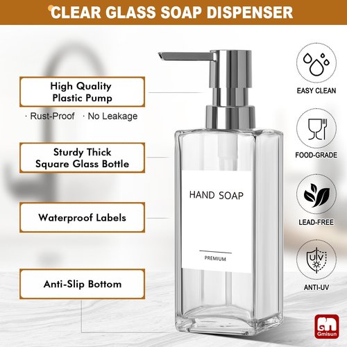 GMISUN Kitchen Soap Dispenser, 12 Fl oz/350ml Clear Dish Soap Dispenser with Silver Sponge Holder, Customized Glass Dish Soap Dispensers for Kitchen, Modern Hand and Dish Soap Dispensers Set Removable