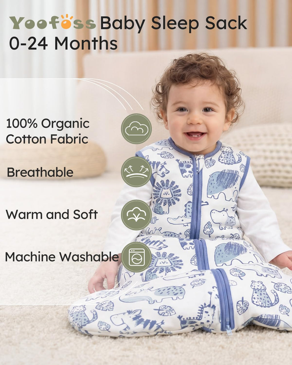 Yoofoss Baby Sleep Sack | 1.5 Tog Organic Cotton Wearable Blanket for Infants 0-6 Months