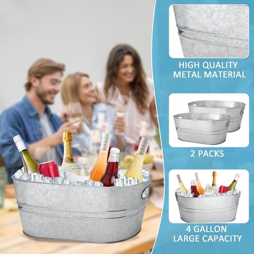 2 Pack 3 Gallon Galvanized Tub Ice Buckets for Parties Portable Beverage Tub Champagne Bucket Metal Ice Buckets for Cocktail Bar with Ice Scoop