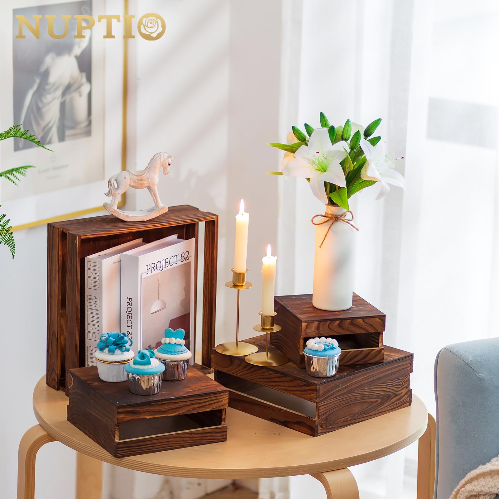 NUPTIO Wooden Display Risers Halloween: Set of 4 Square Burnt Wood Crates Stands Dessert Holder Nesting Brown Cupcake Stand for Baby Shower Wedding Table Centerpieces Farmhouse Decoration