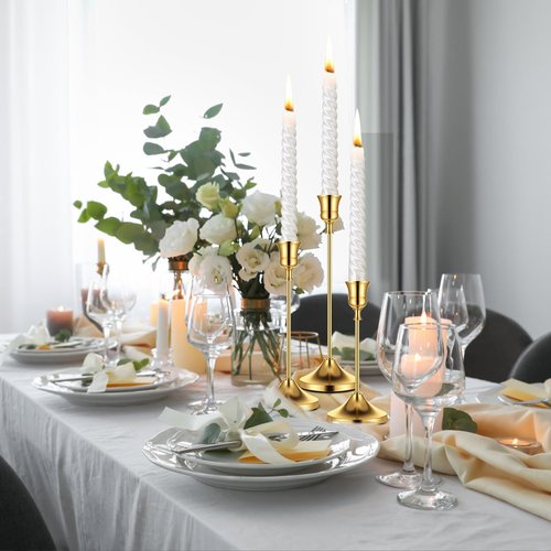 Gold Taper Candle Holders for Pillar Candles, Brass Candlestick Holders, Skinny Candle Holder Decor for centros de mesa Table Centerpiece