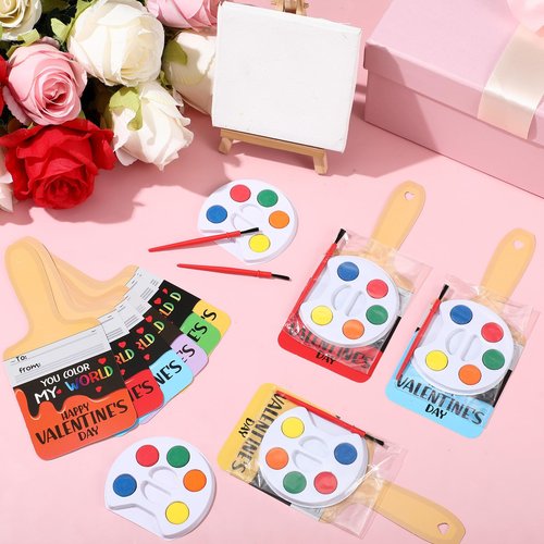 Sabary 18 Set Bulk Valentines Day Gifts Include Painting Valentines Day Card Watercolor Mini Paint Set with Seal Bags and Sheets Glue Points for Gift Party Favors