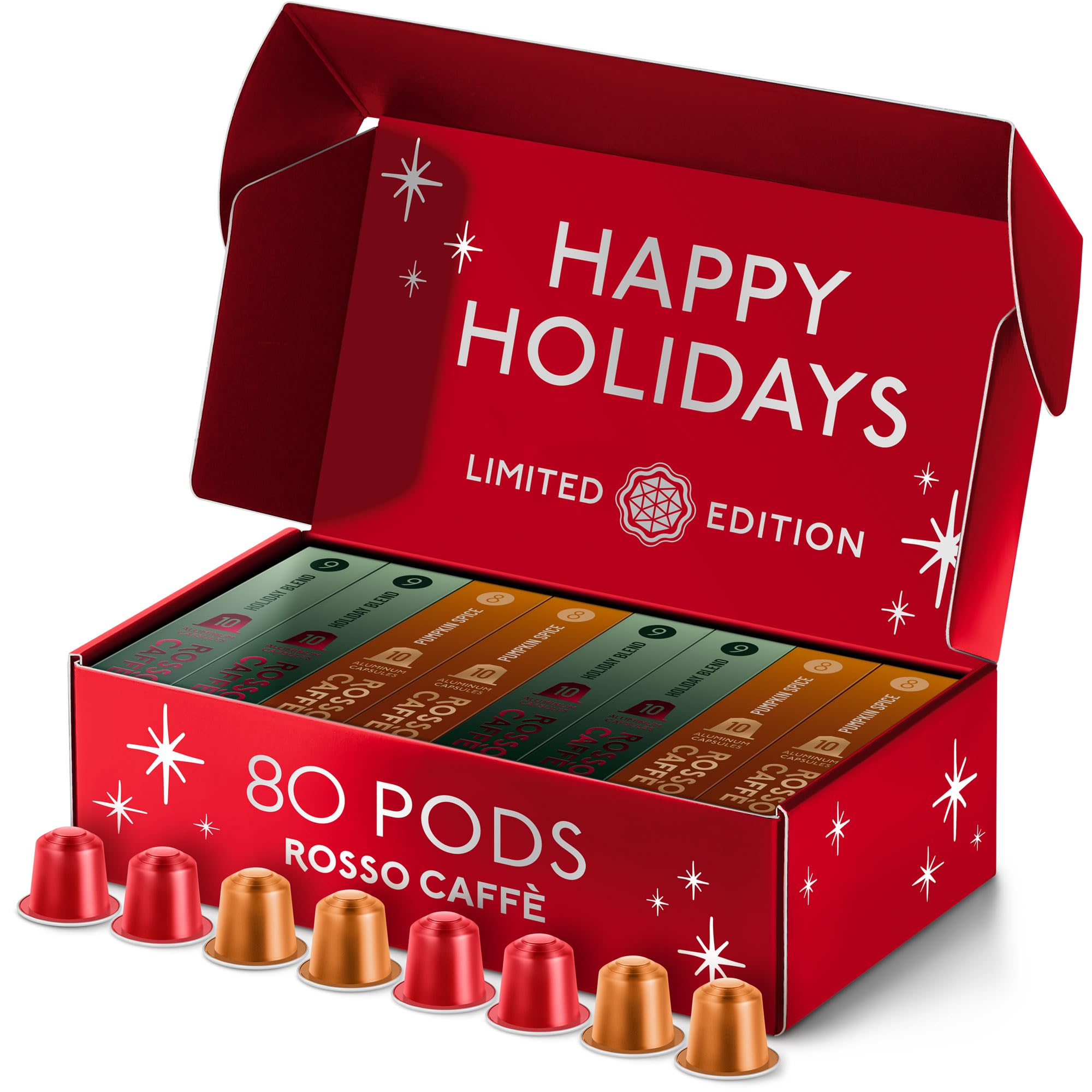 ROSSO CAFFE Espresso Coffee Pods for Nespresso Machines - Holiday Limited Edition - 80 Aluminium Capsules - Compatible with all Nespresso Original line Machines (Holiday Blend and Pumpkin Spice)