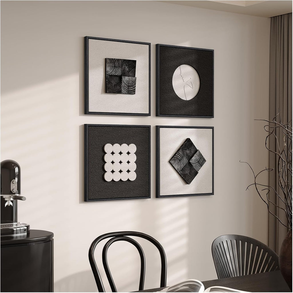 Skiennix 3D Wood Textured Black & White Wall Art Set - Modern Abstract Geometric Paintings for Home Decor