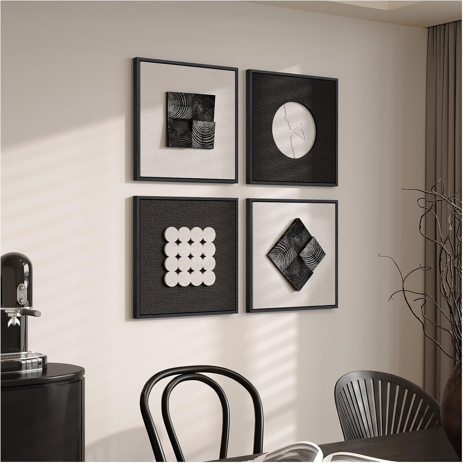 Skiennix 3D Wood Textured Black & White Wall Art Set - Modern Abstract Geometric Paintings for Home Decor