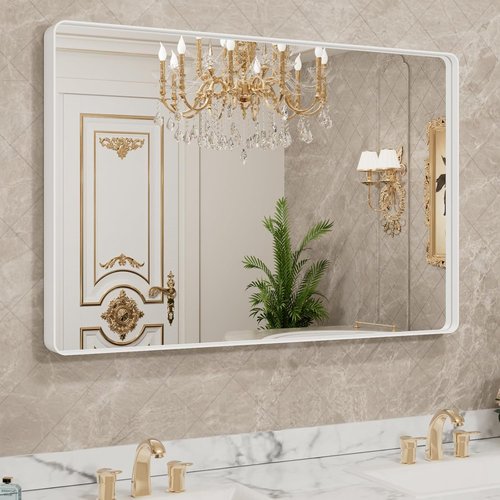 LOAAO Bathroom Mirror - 48x36 Inch White Metal Framed | Large Rounded Rectangle, Anti-Rust, Tempered Glass