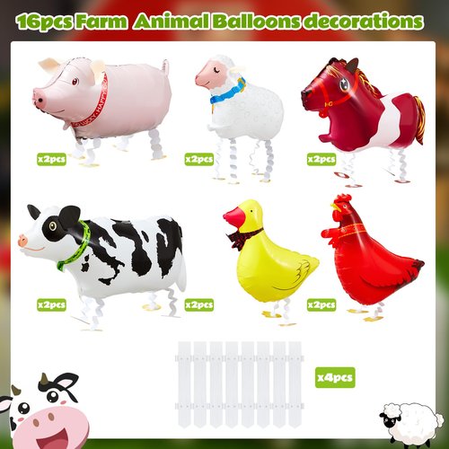 Soulchen 16 Pcs Adopt a Farm Animal Party Favor Include 12 Walking Animals Balloons and 4 Picket Fence Cutouts for Farm Theme Birthday Gifts Baby Shower Photography Party Decorations