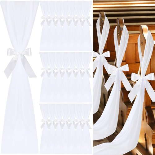 HunnmingRe Wedding Chair Sashes - 24 Sets of White Tulle Ribbons for Aisle Decor & Ceremony