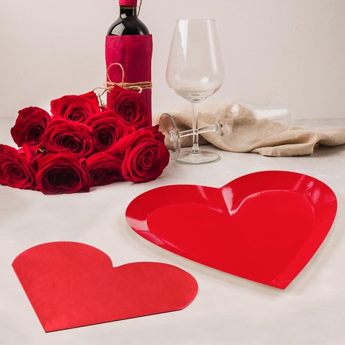 Valentine's Day Party Decorations, Disposable 9" Paper Plates and 3 Ply Napkins Heart Shaped Love for Wedding Engagement Valentine's Day, Bridal Shower, Mother's Day, Birthday Party, 50 Count / Red