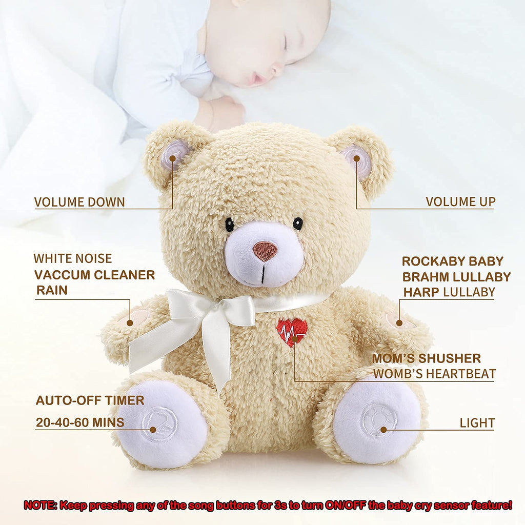 BEREST Newborns Musical Baby Sleep Soother, Mom's Heartbeat White Noise Machine, Bear Sleeping Aid with Cry Sensor, Night Light & 9 Sounds Therapy, Classic Sleeping Bear Infant Sleeping Aid Toy(Brown)