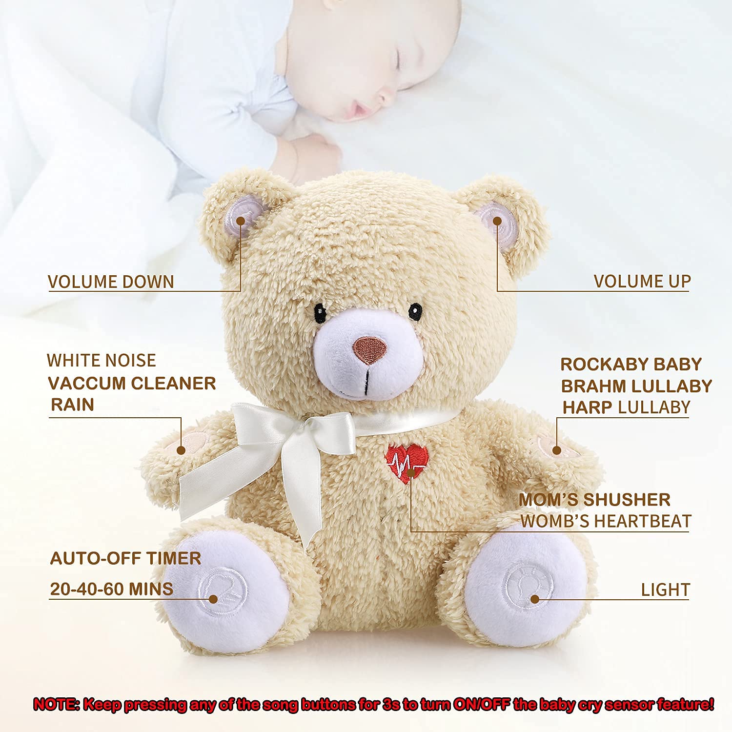 BEREST Newborns Musical Baby Sleep Soother, Mom's Heartbeat White Noise Machine, Bear Sleeping Aid with Cry Sensor, Night Light & 9 Sounds Therapy, Classic Sleeping Bear Infant Sleeping Aid Toy(Brown)