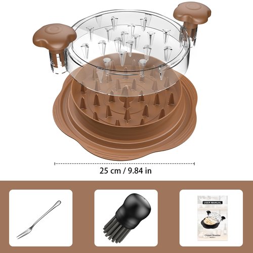 Chicken Shredder Large Chicken Breast Shredder Tool Twist with Brush&Fork, Visible Meat Shredder Machine, Anti-Slip Strip, Ergonomic Handle, BPA Free, Suitable for Pork Beef Chicken(Brown)