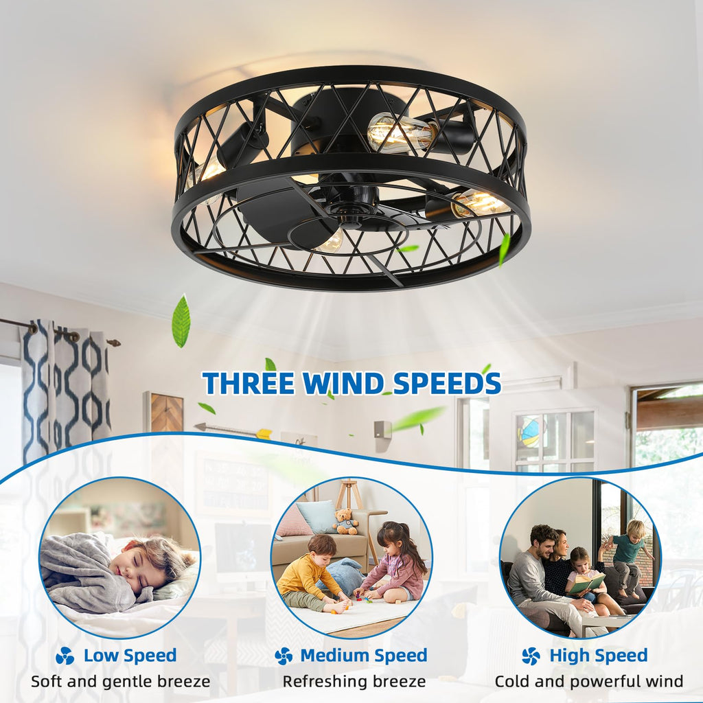 YYEHON 17.7" Caged Ceiling Fan with Light and Remote Control, Flush Mount Bladeless Chandelier Fan, Low Profile Fandelier for Bedroom, Dining Room, Living Room, Kitchen