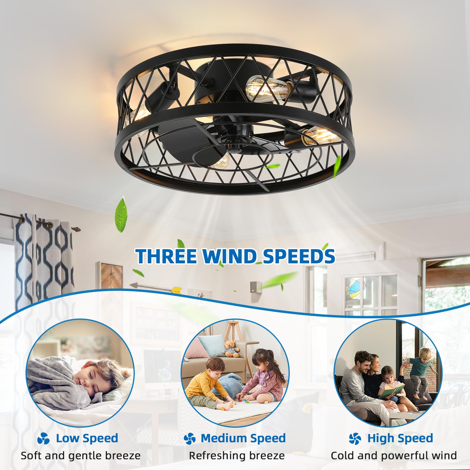 YYEHON 17.7" Caged Ceiling Fan with Light and Remote Control, Flush Mount Bladeless Chandelier Fan, Low Profile Fandelier for Bedroom, Dining Room, Living Room, Kitchen