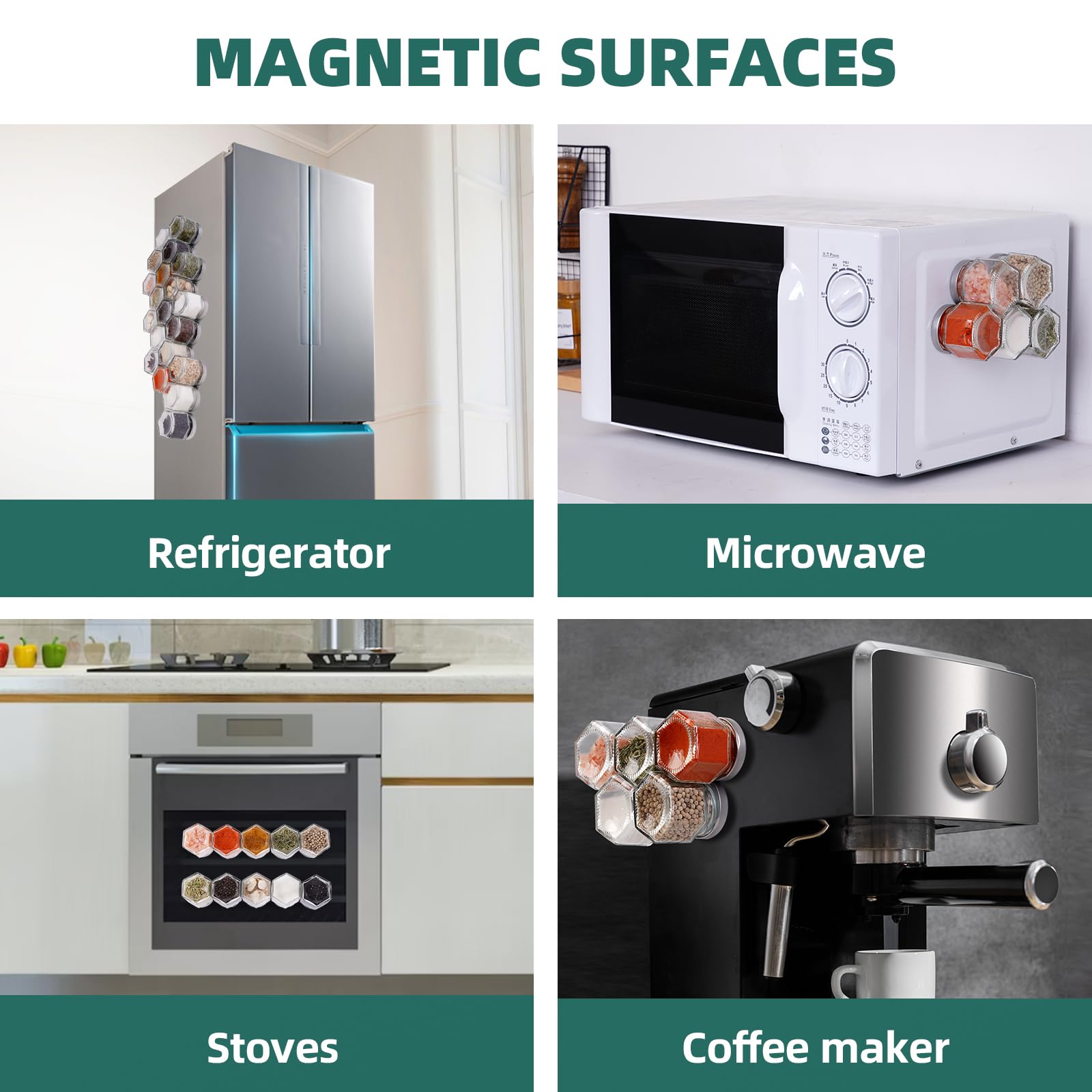 OPTWISELY Set of 20 Magnetic Spice Jars for Refrigerator, Glass Small Hexagon Magnet Seasoning Containers with Labels, shaker Lids, Fridge Magnetic Spice Rack Organizer with Jars
