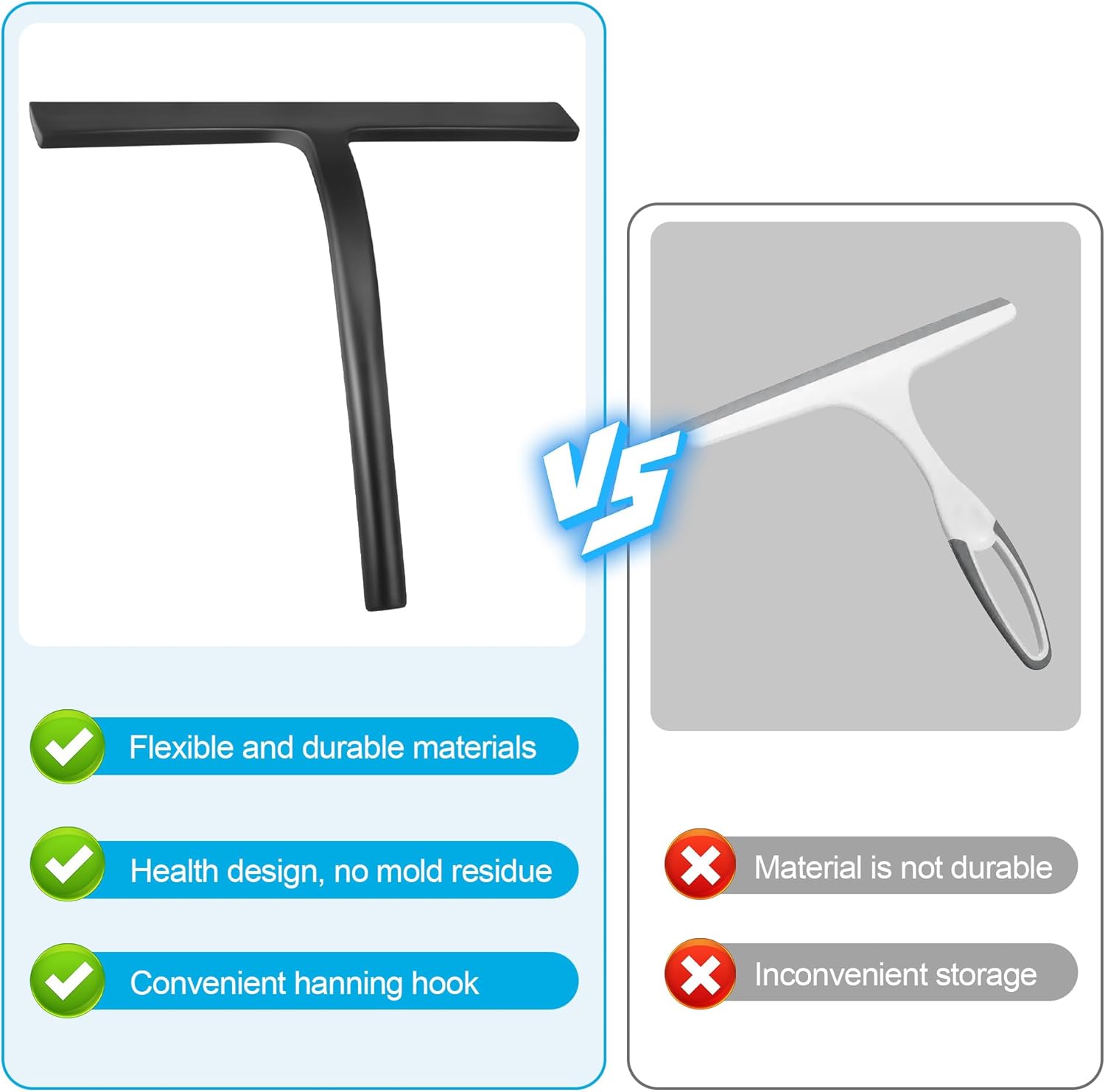 Skiennix Shower Squeegee - Premium Glass Door & Mirror Cleaner with Hook - Black Silicone Finish
