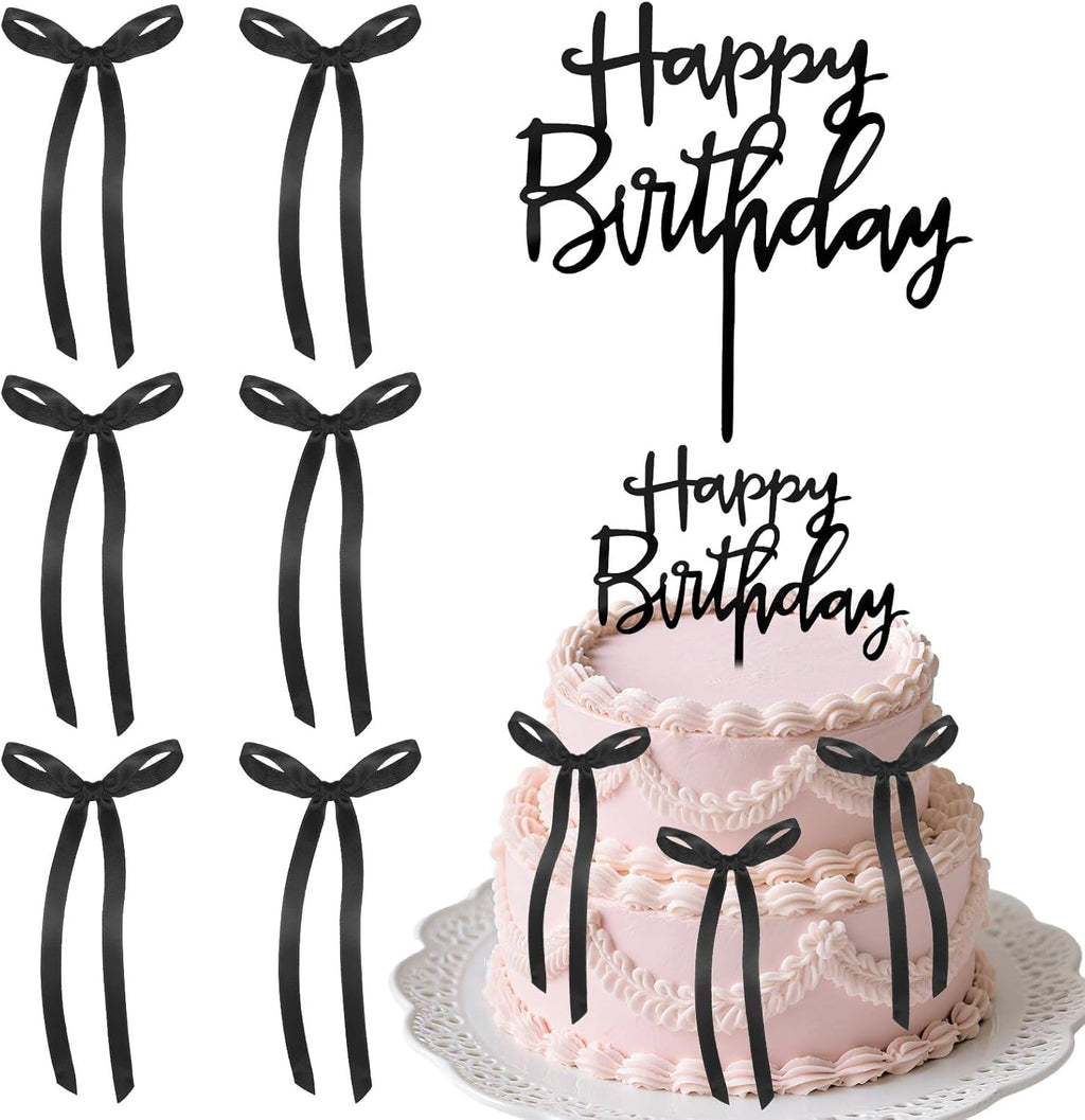 Skiennix 7 Pcs Black Bow Cake Toppers - Elegant Happy Birthday & Wedding Decorations