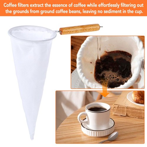 2Pcs Coffee Strainer Cloth, Reusable Flannel Cloth Filter Coffee Pour Over Filters with Wood Handle Handmade Tea Sock Strainer (White)