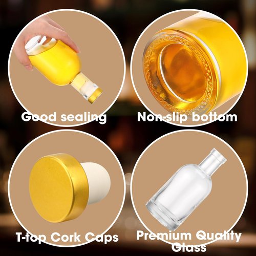 Dandat 24 Pack 6 oz Clear Glass Liquor Bottles With Cork lids Bulk Homebrewing Empty Bottles for Whiskey, Wine, Drinks Oil Vinegar, Vodka, Limoncello, Beverages, Liqueurs, and Alcohol (Gold)