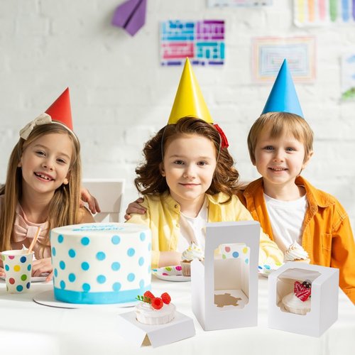 BOOMIBOO 100 Pack Individual Cupcake Containers, Cupcake Boxes with Window, Food Grade Cupcake Holders with Inserts, Stackable Deep Cupcake Carrier (White)