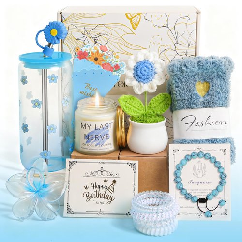 Happy Birthday Gifts for Teen Girls, Unique Gift Baskets for Women, Her, Self Care Thank You Get Well Valentines Day Present Set, 14pcs Cute Teenage Box for Friend Mom Sister Coworker (Blue)