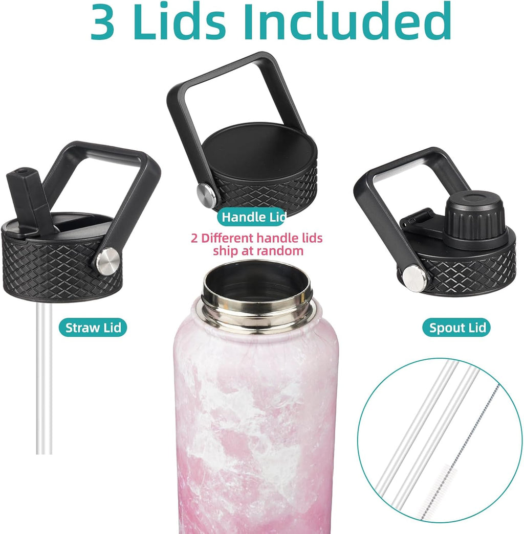 Skiennix 32 oz Insulated Stainless Steel Water Bottle - Marble Blossom | 3 Lids Included